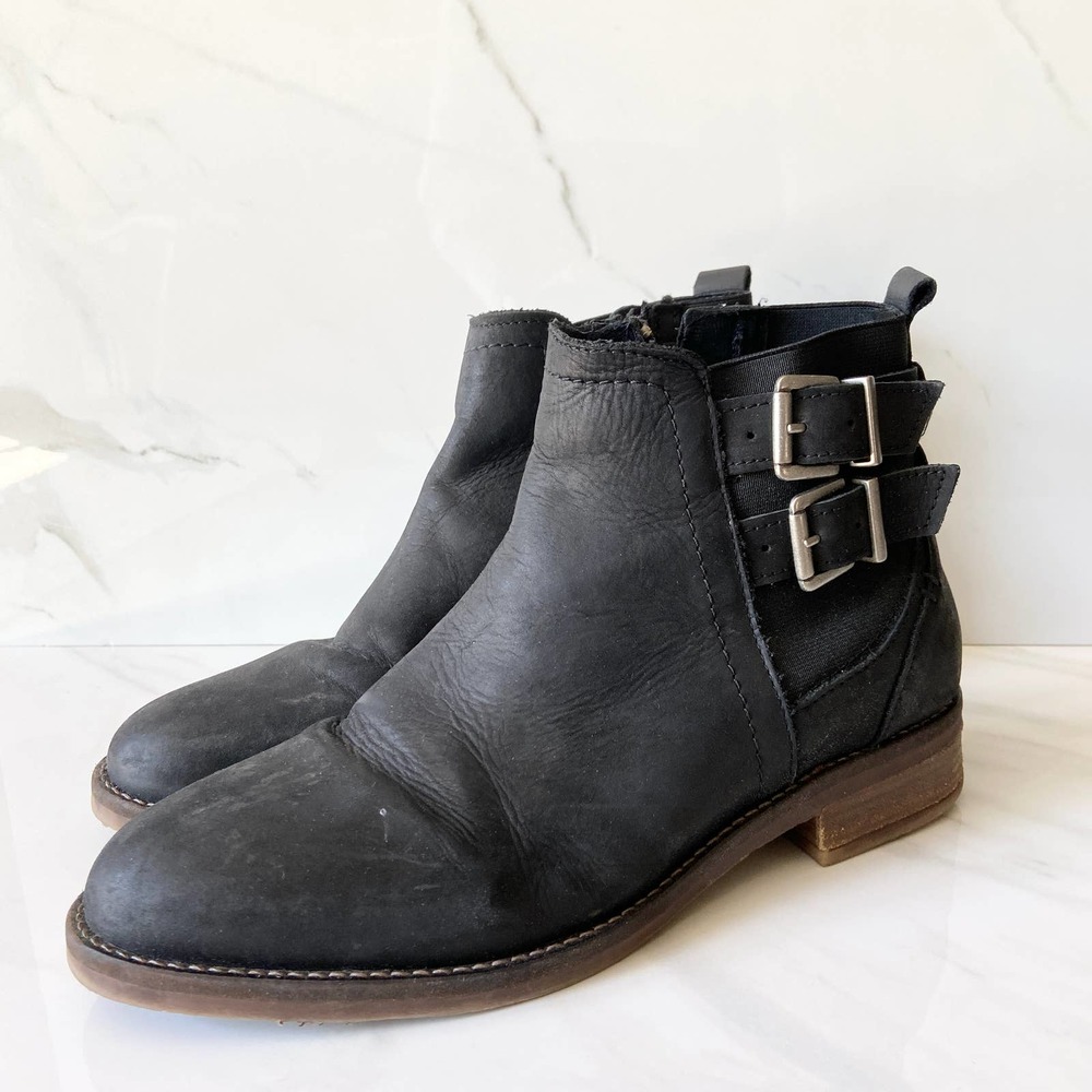 Fat Face Distressed Leather boots Double Buckle Black Sz 38